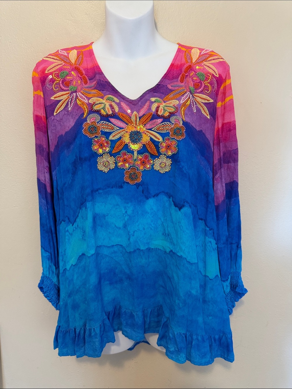 John Mark Blue and Pink Embroidered V-Neck Boho Tunic